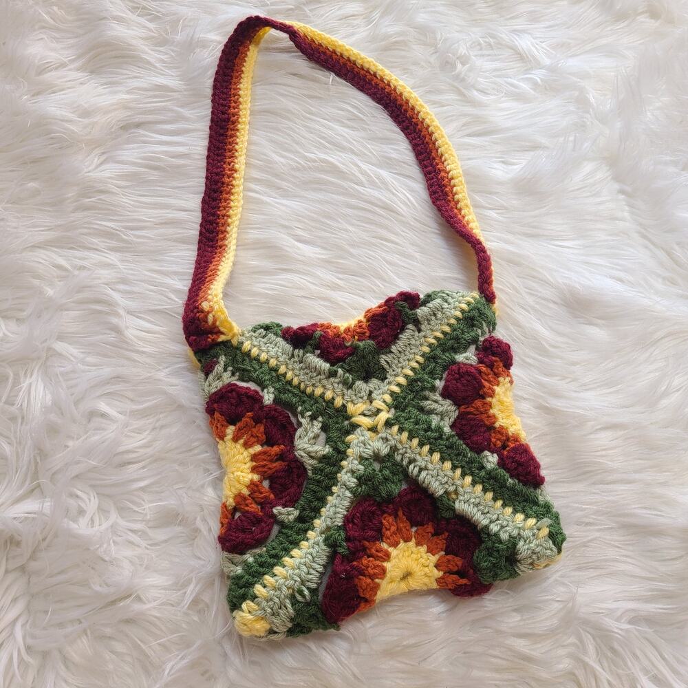 Vintage Crochet Purse Handmade Floral Granny Square Shoulder Bag Boho Cottage - Picture 3 of 5